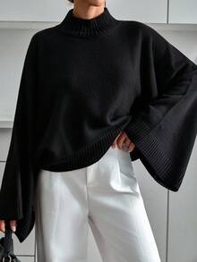 EURMUSE Áo len dệt kim tay cánh dơi màu đen sang trọng với kiểu dáng rộng rãi thoải mái và phong cách tối giản thanh lịch dễ dàng - màu đen - Xem 8