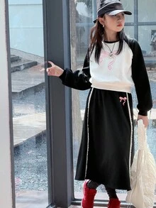 DAZY 女童针织羊毛圆领插肩袖卫衣+裙子两件套，时尚舒适，秋冬 - 黑與白 - 查看 5