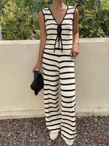 Livesso 女式夏季 V 领系带上衣和阔腿裤条纹针织两件套 - 棕色 - 查看 1