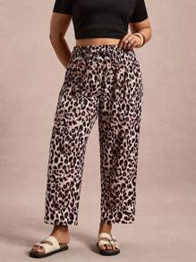 SHEIN VCAY Plus Size Women Casual Fashion Street Leopard Print Knot Elastic Waist Straight Leg Pants Leopard Print Pants Animal Print Pants - Coffee Brown - View 4