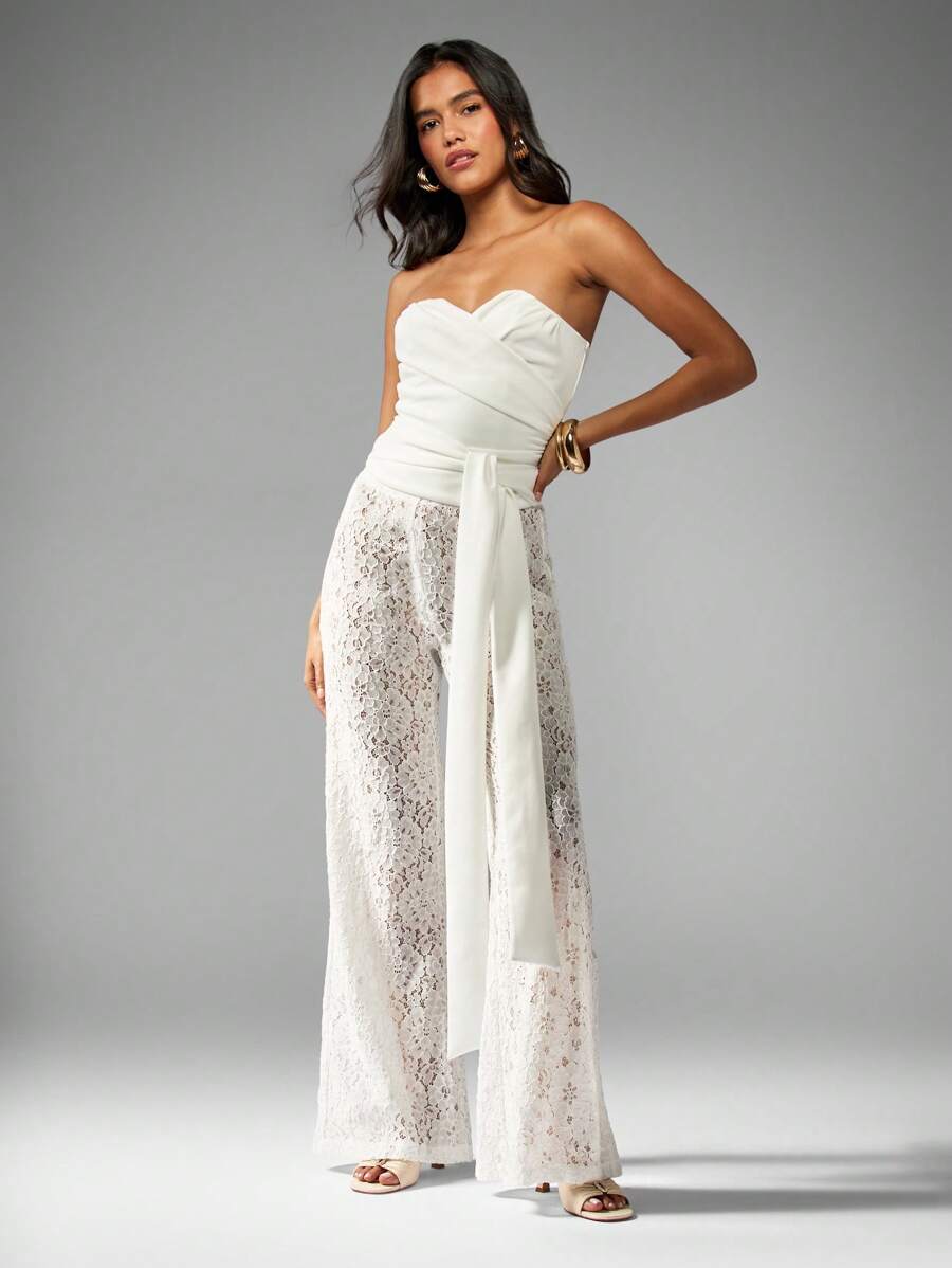 MISSGUIDED 优雅蕾丝阔腿裤，搭配甜心领上衣和腰带，适合正式晚宴、婚礼、招待会、派对、特殊场合、度假穿着，高腰飘逸个性裤装