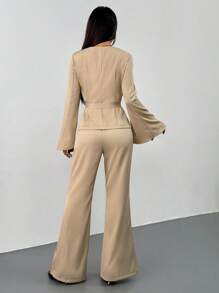 Chiquease Women's Elegant Square Collar Split Ruffle Sleeve Tie Waist Blazer & Pants Suit Set,Khaki Summer Elegant Work Formal Fall Two Pieces Suit Set Cloth - Khaki - View 2