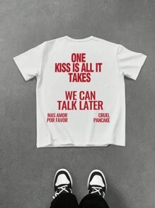 Manfinity Roghcode 男士白色圆领短袖 T 恤，浪漫标语图案印花，街头风格 T 恤，休闲，情侣 T 恤，夏季