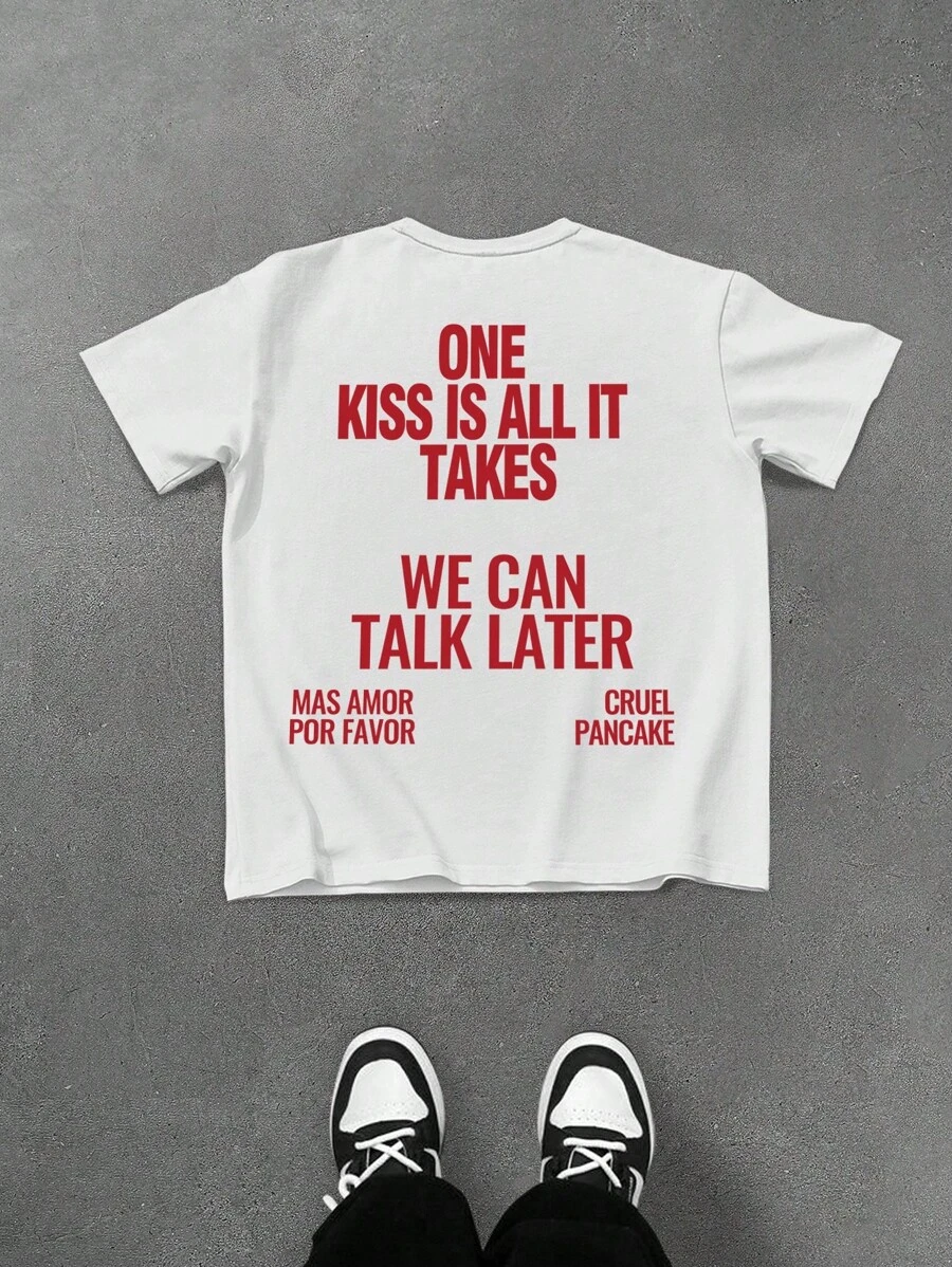 Manfinity Roghcode 男士白色圆领短袖 T 恤，浪漫标语图案印花，街头风格 T 恤，休闲，情侣 T 恤，夏季