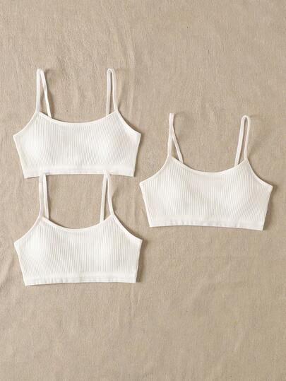 SHEIN 少女三件套白色纯色百搭吊带背心，简约休闲舒适加垫文胸，白色罗纹抹胸上衣三件装，针织抹胸套装，白色露脐背心带文胸