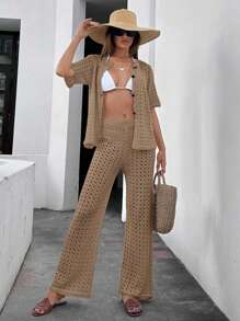 EURMUSE 2pcs/Set Summer Thin Knit Short Sleeve Top And Long Pants Coverup - Camel - View 6