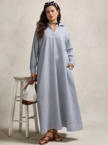 Zelara 大码休闲条纹长款衬衫裙西装女士节日波西米亚嬉皮女牛仔装老钱波西米亚夏季波西米亚老钱夏季女士服装春假狂欢装节日春假装