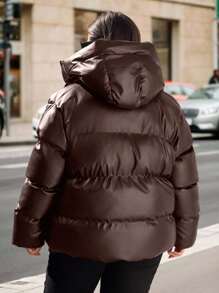 EURMUSE Plus Solid Zip Up Hooded Padded Coat - Coffee Brown - View 2