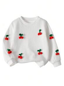 SHEIN 2pcs Set Young Girls Casual Unique Knit Round Neck Top With 3D Cherry Design And Flared Pants, Suitable For Leisure, Cute, Outdoor, Autumn/Winter Fall - Red - View 8