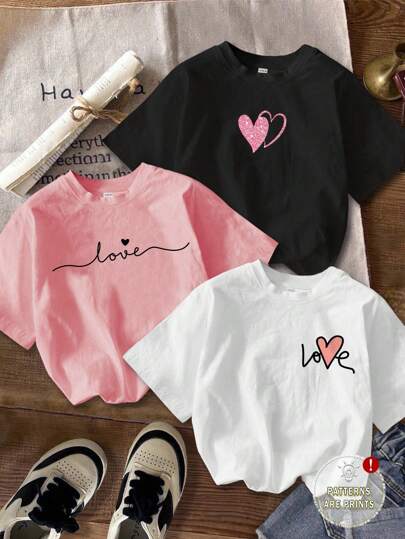 SHEIN 3pcs/Set Young Girl Casual Cartoon Heart & Letter Graphic Round Neck Short Sleeve T-Shirts, Suitable For Summer, School, Campus, College