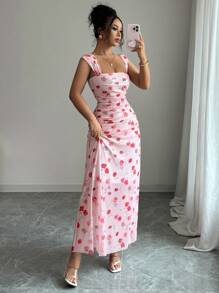 Elenzga Đầm maxi nữ dáng chữ A cổ vuông, chất liệu lưới, in hoa, xếp ly eo, thanh lịch, thích hợp cho hẹn hò, du lịch, tôn dáng, mùa xuân/hè. - Nhiều màu - Xem 4