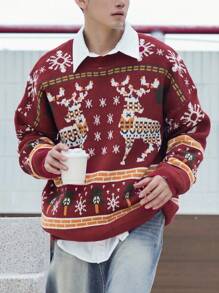 DAZY 秋季男士休闲鹿纹落肩长袖针织毛衣，圣诞节 - 彩色 - 查看 4