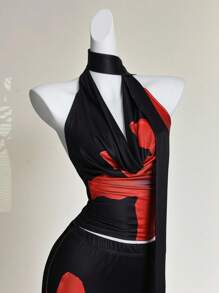 Sweetra Women's Tropical Floral Print Blouse & Mini Skirt Set, Suitable For Spring/Summer Holiday - Black - View 4