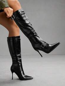 CUCCOO SZL Fashionable Women's Pointed Toe Knee-High Boots With Buckle Design - Black - View 7