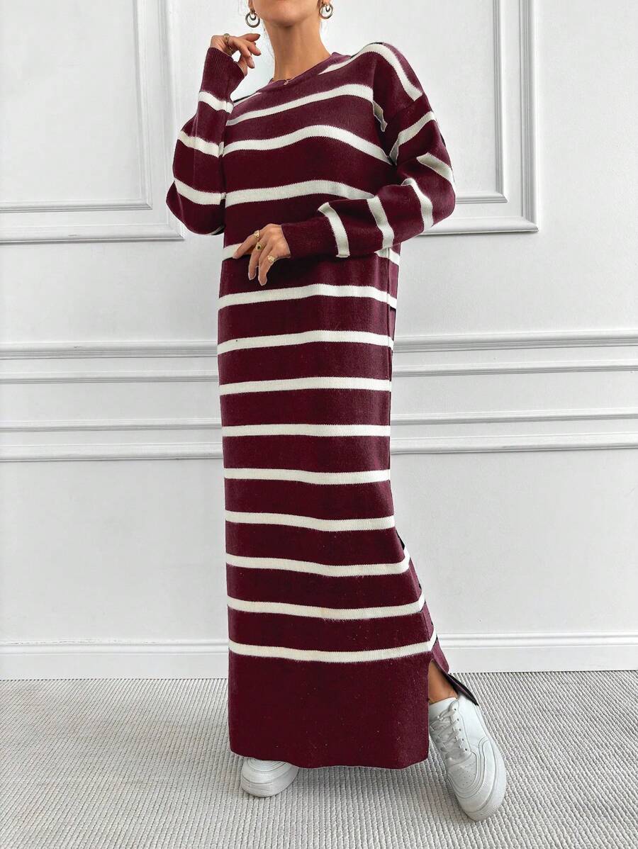 EURMUSE Striped Contrast Color Loose Knit Sweater Dress - Burgundy - View 1