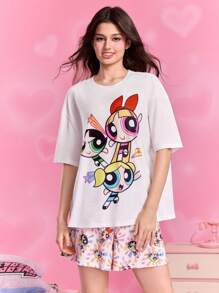 THE POWERPUFF GIRLS X SHEIN Women Blossom, Bubbles, Buttercup Pattern Round Neck Short Sleeve Top And Shorts Pajama Set - White - View 4