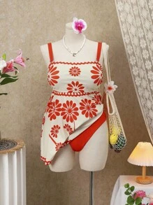 SHEIN Swim Curve Plus Size 2pcs/Set Tankini, Colorful Graphic Print Minimalist Halter Top Swimwear For Women, Suitable For Daily Wear, Beach Vacation For Summer - Multicolor - View 9