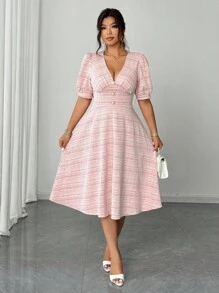 Elenzga 大码女式优雅浪漫V领短袖迷你连衣裙