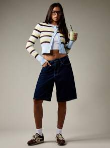 MISSGUIDED Y2K Style Button Front Cropped Cardigan Ribbed Knit Sweater Retro Striped Pattern Long Sleeve Fall Winter Casual Knitwear - Multicolor - View 5