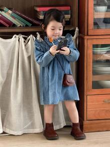 SHEIN Babygirl Spring And Autumn Baby Girl Long Sleeve Ruffle Collar Fashionable And Simple Lace Washed Denim Dress, Suitable For Daily Leisure Wear Such As Autumn Outings, Camping, Vacation, Etc. - Blue - View 6