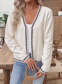 SHEIN LUNE New Soft & Cozy V-Neck Cropped Cardigan Sweater For Women, Personalized Color Blocking, Suitable For Spring & Autumn - Apricot - View 4