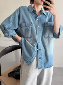 FRIFUL 女士蝙蝠袖单排扣宽松休闲口袋牛仔衬衫长袖 - 藍色 - 查看 1