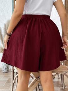 SHEIN LUNE Quần short nữ mùa hè thường ngày đơn giản màu trơn vải họa tiết buộc eo, quần short rộng màu đỏ tía, quần short màu hạt dẻ, quần short ống rộng, quần short nữ mùa hè, quần short thường ngày - Màu Đỏ Sâu - Xem 2