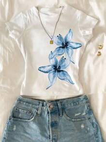 青少年女孩花卉印花短款贴身圆领 T 恤，休闲舒适，适合夏季