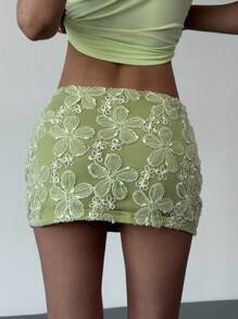 Aloruh 带衬里的纹理绿色迷你裙，性感年轻女性度假装，春夏 - 綠色 - 查看 2