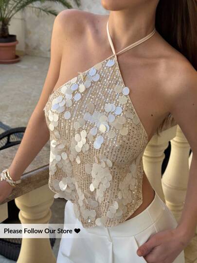 Aloruh Women's Sexy Sequin Backless Halter Top, Beaches For Woman Tropical Vacation Raves Festival Clothes Beach Outfits For Woman Beach Vacation Vacation Outfits Woman Boho Tropical Vacation Woman Clothe Cute Tops Minimalana Business Casual Woman Commuter Simple Temperament Office Vest Apricot Elegant Going Out Tops Women,Tops For School