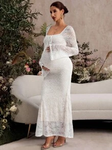 MaterniChic Valentine's Day White Lace Flare Sleeve Fitted Mermaid Hem Maternity Dress - Beige - View 12