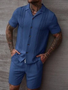 Manfinity Homme Men's Summer Printed Short Sleeve Shirt + Drawstring Shorts Set Men 2 Pieces Outfits Blue Blue Two Pieces Set Men Men Co Ord Set Men Knitted Set Men Crochet Set