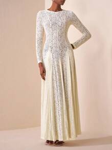 Zivah 2025新款休闲度假日常约会通勤优雅沙滩邮轮派对简约网红爆款生日派对宴会高端俱乐部圆领长袖透明玫米色蕾丝修身伞裙A字裙百褶裙长裙女士长裙-A - 米色 - 查看 4