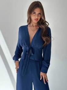 Firerie 女士优雅休闲浪漫日常都市通勤度假蓝色长袖系腰 V 领衬衫和阔腿裤两件套，秋季服装 - 藍色 - 查看 1