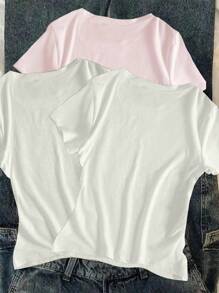 SHEIN Explorewe 3pcs/Set Loose Fit Short Sleeve Tops, 98 Numeric Print & Dark Style Heart Print, Suitable For Back To School In Summer & Autumn Girls Graphic Tees Teen Girl Graphic Tees Girls Shirt Sets Summer Holiday - Pink - View 2