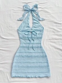 Soleia 全新度假红色针织条纹露背迷你连衣裙 - 淺藍色 - 查看 2