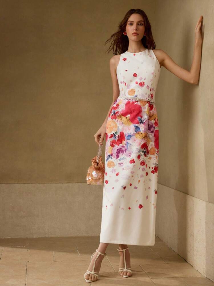 FLORAL PRINT SPLIT BACK COCKTAIL DRESS WITHOUT BELT