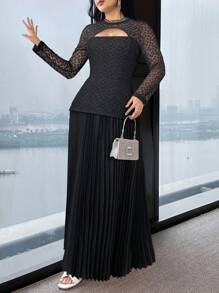 Modelyn Robe élégante à manches longues en dentelle ajourée avec ourlet plissé pour femmes - Noir - Voir 4