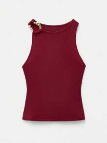 Maija Red Metal Decor Sleeveless Round Neck Fitted Women Tank Top, Minimalist Fashionable Sophisticated Urban Style, Essential Versatile Piece For Autumn/Winter, Halloween - Red - View 7