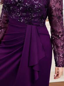 Modelyn Vestido elegante de manga larga con cuello redondo, de talla grande, con parches florales, lentejuelas y volantes de malla - Morado - Ver 4