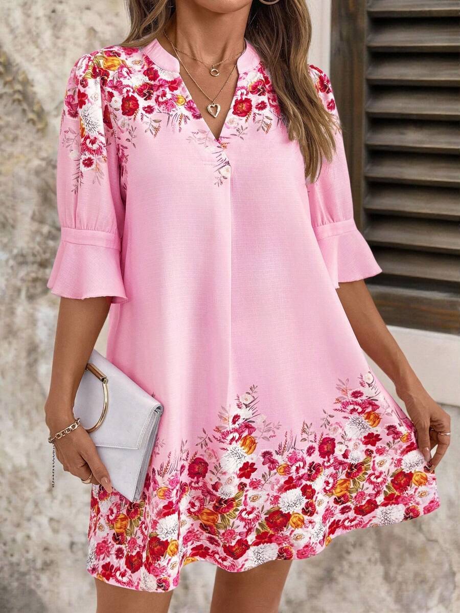 SHEIN Clasi Women's Elegant V-Neck A-Line Pink Floral Mini Dress,Summer Boho Vacation Holiday,Daily Wear Outings And Various Occasions Best Selling Dresses - Multicolor - View 1