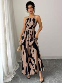 Selianne 女式优雅露肩露肩褶饰扭纹设计黑白不对称印花 A 字长裙，春夏 - 卡其色 - 查看 3