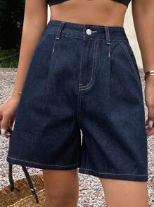 DAZY 女士夏季宽松休闲牛仔短裤 - 藍色 - 查看 1