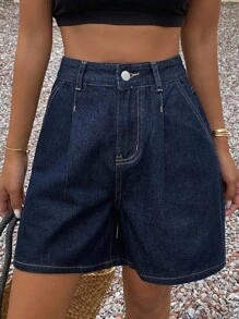 DAZY 女士夏季宽松休闲牛仔短裤 - 藍色 - 查看 5