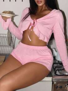 EasyFave Pink Lounge Set With V-Neck Tie Detail Top And Mini Shorts For Casual Comfort, Fall Winter Clothes, Cozy Outfits - Pink - View 1