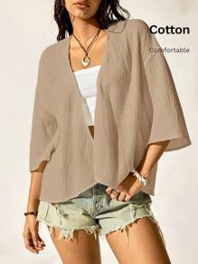 Easelle Cappotto corto casual color cachi con spalle scoperte, scollo a V profondo e orlo alto-basso, top aperto davanti come coprispalle per la spiaggia in autunno/inverno - Cachi - Visualizzare 1