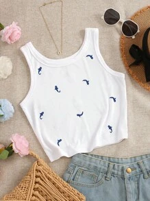 INAWLY Camiseta de tirantes ajustada para mujer con diseño bordado de ballena - Blanco - Ver 3