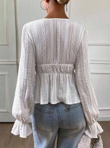 DAZY Women's Solid Color Drawstring Tie Waist Long Flare Sleeve V-Neck Casual Elegant Autumn/Winter Top Long Sleeve Top - White - View 2