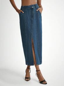 Daynim Chân váy denim bất đối xứng thường ngày dành cho nữ - Rửa tối - Xem 4