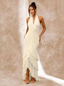 SHEIN BAE Spring/Summer Solid Color Apricot & White Deep V-Neck Ruched Flounced Hem Elegant Dress, Stylish For Brunch, Cocktail, Formal Occasions,Fall Wedding Guest Dress - Apricot - View 6